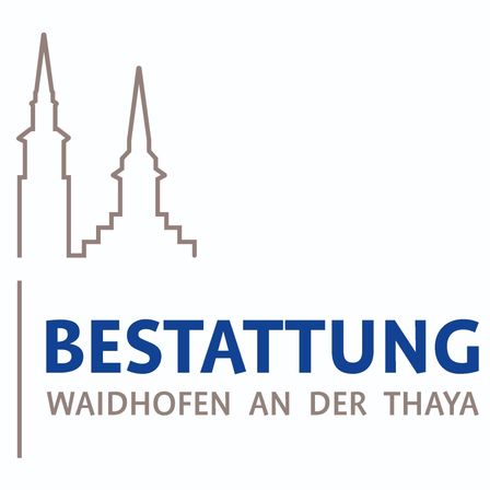 Logo für eine Zertifizierung in Waidhofen an der Thaya, mit zwei Kirchtürmen und dem Text 'Bestätigung' in Blau.