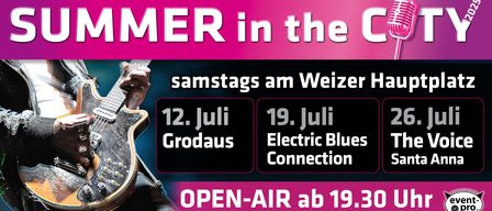Das Plakat kündigt 'IMMER in der Stadt' mit zwei Terminen an, 12. Juli für Grodaus und 19. Juli für Electric Blues Connection. Beide Veranstaltungen sind Open-Air ab 19:30. Bei schlechtem Wetter wird die Veranstaltung abgesagt. Sponsoren sind Stadtmarketing Weiz, Weitzer Parkett und Klimatech.