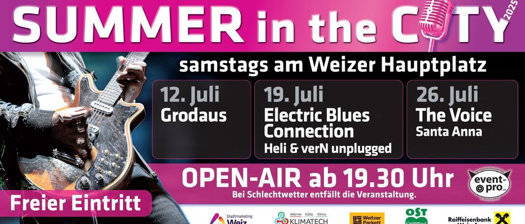 Eine Anzeige für Mer in the, eine Open-Air-Veranstaltung, die an zwei Samstagen im Juli in Weizer stattfindet. Am 12. Juli tritt Grodaus auf, und am 19. Juli spielt Electric Blues Connection. Die Veranstaltung beginnt um 19:30 Uhr.