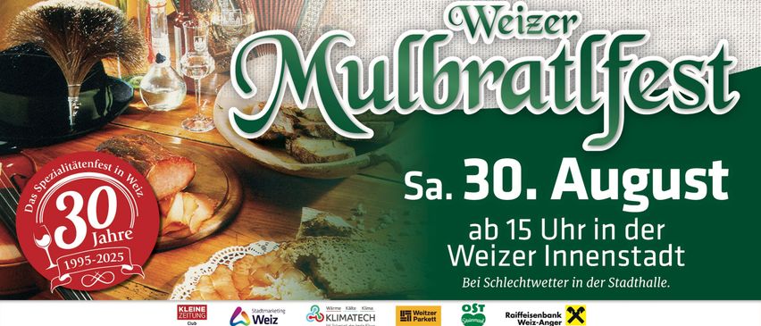 Ein Plakat für die Weizer Millbrätel am Samstag, den 30. Das Plakat zeigt Essen und Weingläser. Es beginnt um 15 Uhr.