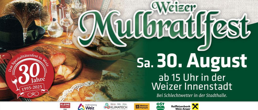 Ein Plakat für die Weizer Millbrätel am Samstag, den 30. Das Plakat zeigt Essen und Weingläser. Es beginnt um 15 Uhr.
