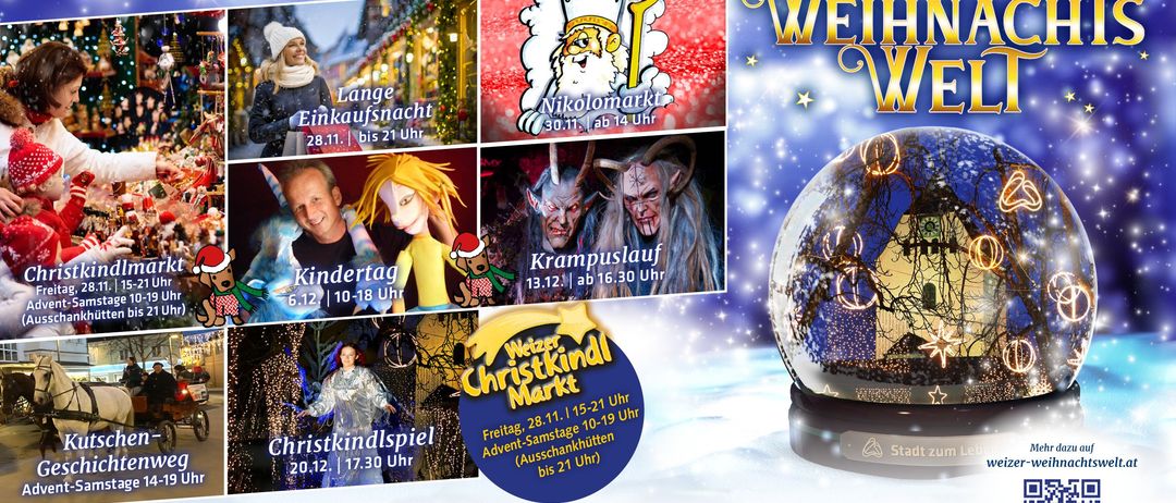 Werbeplakat für den Weizer Weihnachtsmarkt mit Bildern von festlichen Aktivitäten, einschließlich eines Weihnachtsspiels, Krampuslauf und einem Advent-Samstagsmarkt. Termine und Uhrzeiten für jede Veranstaltung sind angegeben.