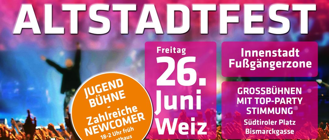 Plakat für ein Stadtfest in Weiz, Österreich. Es zeigt eine Menge, eine Bühne und Informationen zum Veranstaltungsdatum und -ort. Das Festival ist für Jugendliche unter 18 Jahren kostenlos.