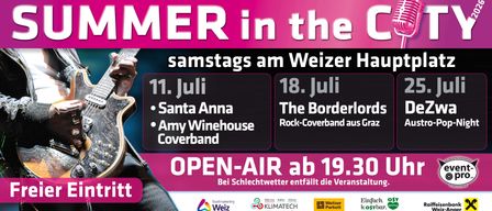 Poster for 'MER in the' event on July 11 and 18 featuring Santa Anna and Amy Winehouse Coverband, and The Borderland Rock-Coverband. Open-air event starting at 19:30. Cancellation in case of bad weather. Sponsors include Stadtmarketing Weiz, Klimatech, and Weitzer Parkett.