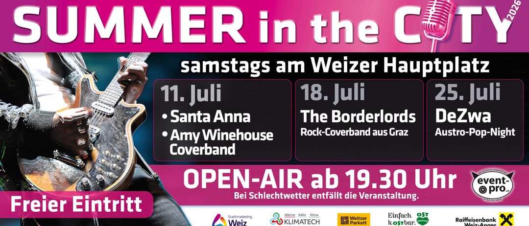Plakat für die 'MER in the' Veranstaltung am 11. und 18. Juli mit Santa Anna und Amy Winehouse Coverband sowie The Borderland Rock-Coverband. Open-Air-Veranstaltung ab 19:30. Stornierung bei schlechtem Wetter. Sponsoren sind Stadtmarketing Weiz, Klimatech und Weitzer Parkett.