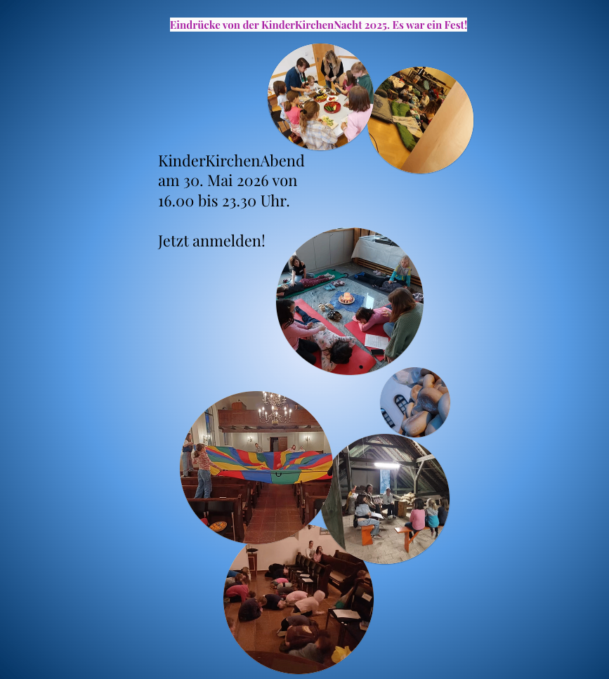 Ein Bildcollage, die ein Kinderkirchen-Event am 30. Mai 2026 von 16:00 bis 23:30 Uhr ankündigt. Es enthält verschiedene Fotos von Kindern bei verschiedenen Aktivitäten.