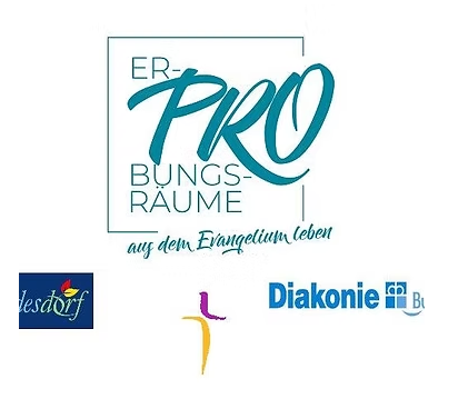 Logo für 'ER-PRO BUNGS-RAUME' mit einem blauen Quadrat und weißem Text, begleitet von Logos von 'lesdorf', 'Diakonie' und 'B' auf weißem Hintergrund.