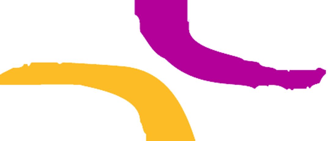 Ein abstraktes Bild mit einer gelben und einer violetten gebogenen Linie, die sich auf einem weißen Hintergrund schneiden.