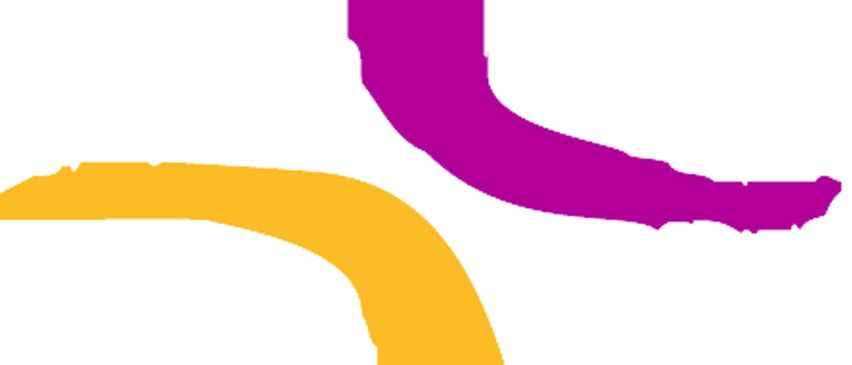 Ein abstraktes Bild mit einer gelben und einer violetten gebogenen Linie, die sich auf einem weißen Hintergrund schneiden.