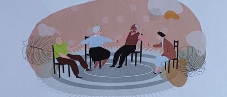 Five individuals, dressed in casual clothing, are seated in a circle, engaging in a conversation. The background is a blend of soft pink and blue hues, with abstract shapes.