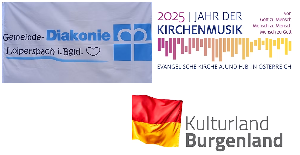 Ein Banner mit Logo und Text in Blau und Weiß, und eine deutsche Flagge mit dem Text 'Kulturland Burgenland'.
