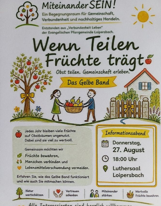 Plakat für eine Gemeinschaftsveranstaltung namens 'Wenn Teilen Früchte trägt' mit einem Apfelbaum, einem Haus und zwei Kindern, die einen Korb mit Obst teilen. Die Veranstaltung dreht sich um das Teilen von Obst, die Förderung von Gemeinschaft und nachhaltiges Leben. Die Veranstaltungsdetails sind auf dem Plakat angegeben.