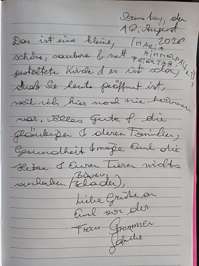 Eine handgeschriebene Notiz auf einem linierten Papier vom 16. August 2020, auf Deutsch geschrieben, handelt von einer schönen und sauberen Kirche und wünscht gute Gesundheit und Glück.