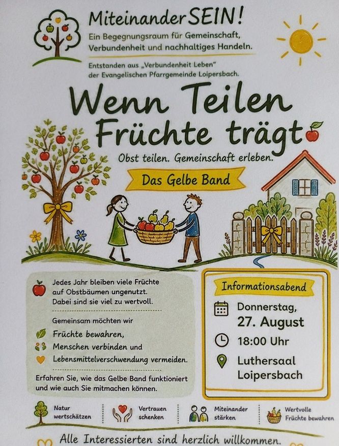 Plakat für eine Veranstaltung mit dem Titel 'Wenn Teilen Früchte trägt' mit einem Apfelbaum, einem Haus und zwei Personen, die einen Korb mit Obst teilen. Die Veranstaltung dreht sich um das Teilen von Obst, die Förderung von Gemeinschaft und nachhaltige Praktiken.
