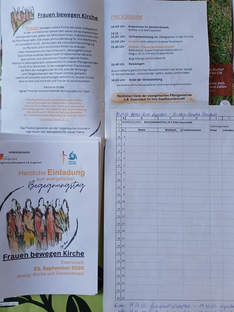 Ein Flyer für eine Veranstaltung mit dem Titel 'Frauen bewegen Kirche' am 25. September 2026, mit einem Anmeldeformular und Zeitplan.