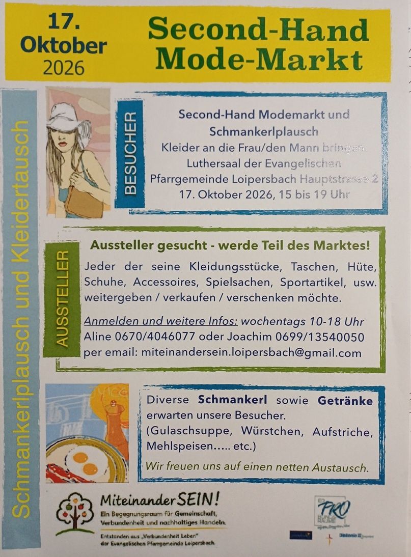 Plakat für einen Second-Hand-Kleidermarkt in der Evangelischen Kirche Loipersdorf, geplant für den 17. Oktober 2026 von 15 bis 19 Uhr. Es lädt Verkäufer ein und bietet Kontaktinformationen zur Anmeldung.