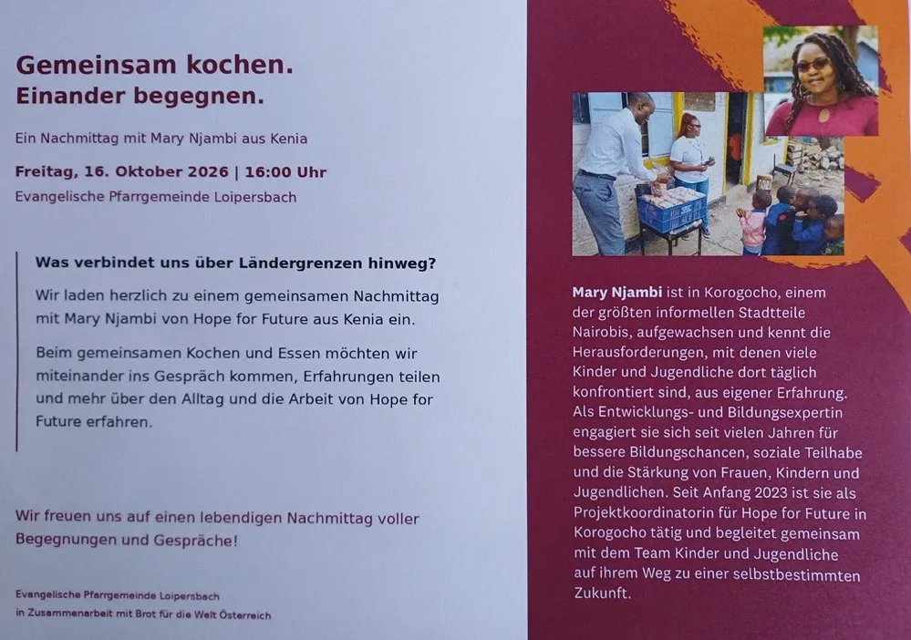 Ein Plakat mit einem Bild einer Frau und eines Mannes, die mit Kindern kochen. Der Text ist auf Deutsch und lädt zu einem Treffen mit Mary Njambi aus Kenia ein.