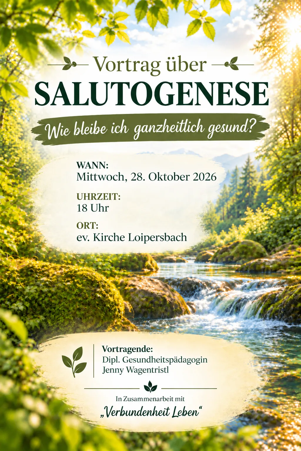 Plakat für einen Vortrag über Gesundheit, das eine friedliche Waldszene mit einem fließenden Bach und einem klaren blauen Himmel zeigt.