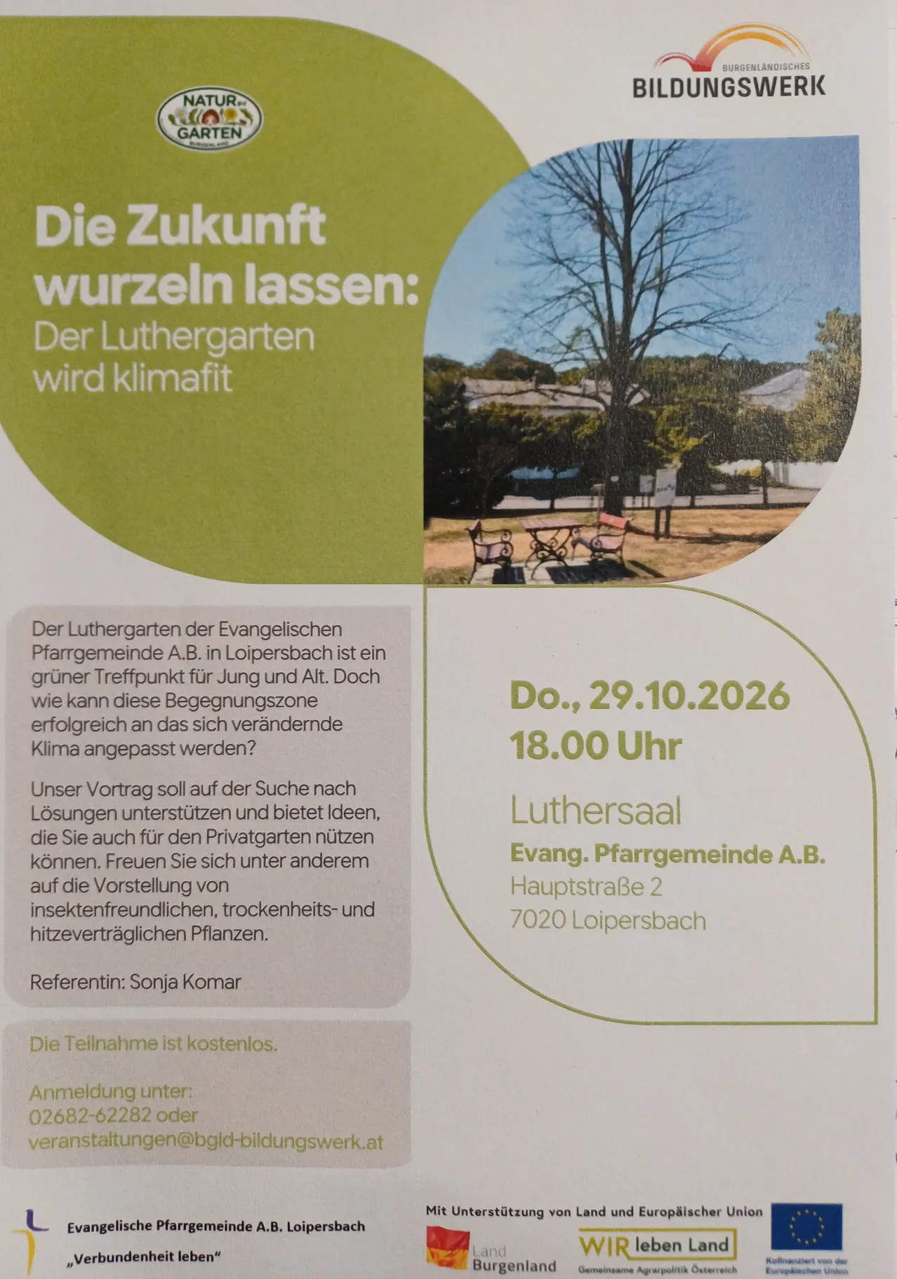 Ein Plakat mit einem Bild eines Baumes und einer Bank, und Text auf Deutsch.