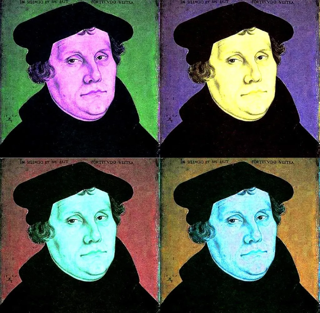 Ein farbenfrohes Porträt von Martin Luther, aufgeteilt in vier Abschnitte mit verschiedenen Farben: lila, gelb, grün und blau. In jedem Abschnitt trägt Martin Luther einen anderen Farbfilter auf seinem Gesicht.