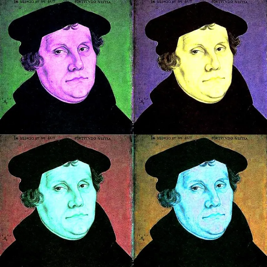 Ein farbenfrohes Porträt von Martin Luther, aufgeteilt in vier Abschnitte mit verschiedenen Farben: lila, gelb, grün und blau. In jedem Abschnitt trägt Martin Luther einen anderen Farbfilter auf seinem Gesicht.