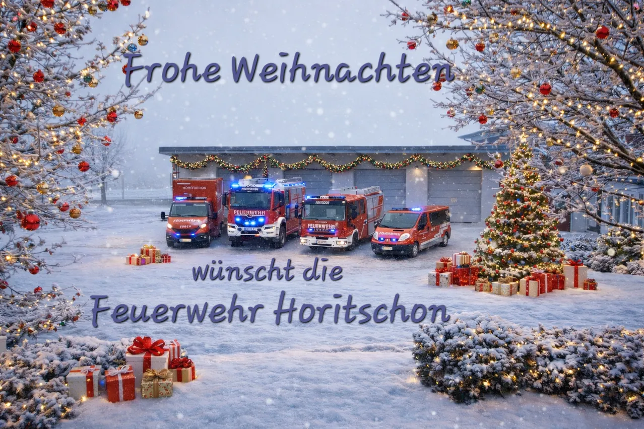 Ein Weihnachtsgruß-Postkartenhintergrund mit verschneiter Kulisse zeigt vier Feuerwehrfahrzeuge, wobei das Fahrzeug ganz links ein sichtbares Nummernschild hat. Der Text auf Deutsch lautet 'Frohe Weihnachten' und 'Feuerwehr Horitschon', mit Geschenken und einem Weihnachtsbaum im Vordergrund.