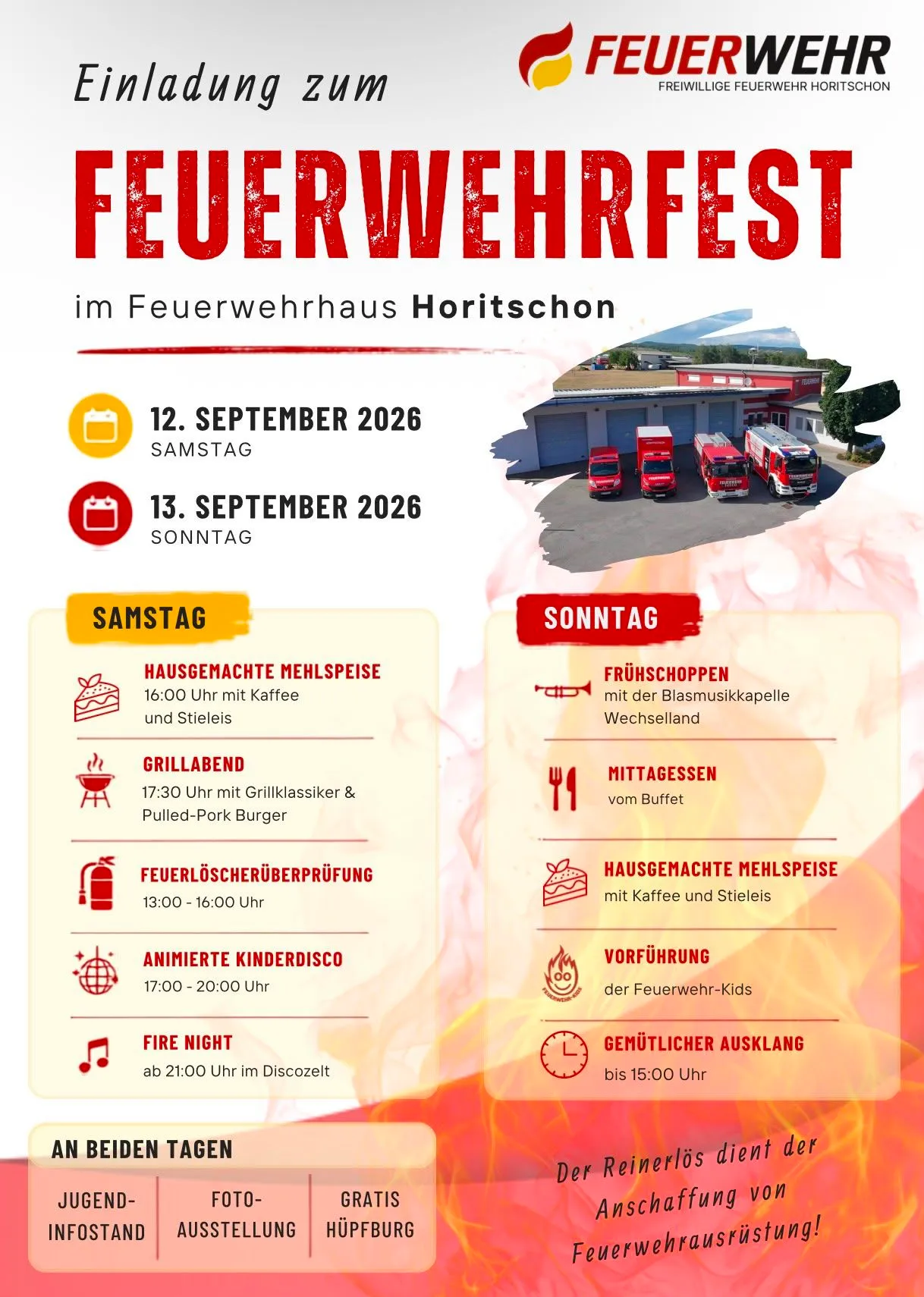 Plakat für ein Feuerwehrfest mit Veranstaltungen am 12. und 13. September 2026, einschließlich hausgemachter Mahlzeiten, Grillen und einer Brandschutzvorführung.