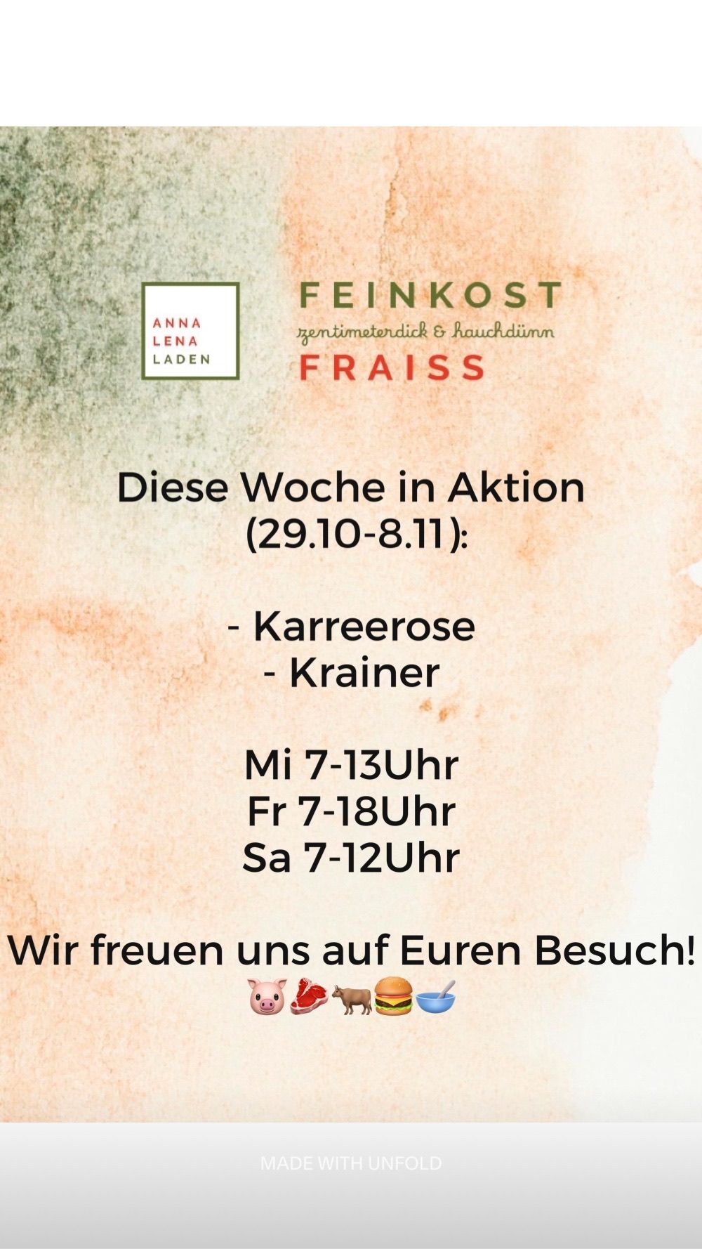 Plakat für Feinkost Anna Lena Laden. Wochenliche Aktionen vom 29.10-8.11: Karrerose und Krainer. Geöffnet Mo-Fr 7-13, 7-18 und Sa 7-12. Wir freuen uns auf Ihren Besuch!
