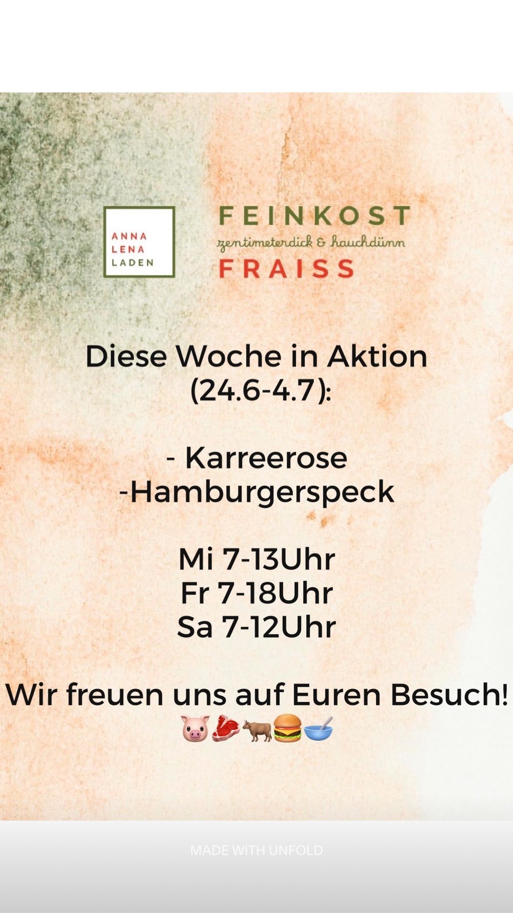 Wöchenliche Spezialitäten: 24. Juni bis 4. Juli. Angebote umfassen Karotten und Hamburger Speck. Geöffnet Montag bis Freitag 7-13 Uhr, Samstag 7-12 Uhr. Wir freuen uns auf Ihren Besuch!