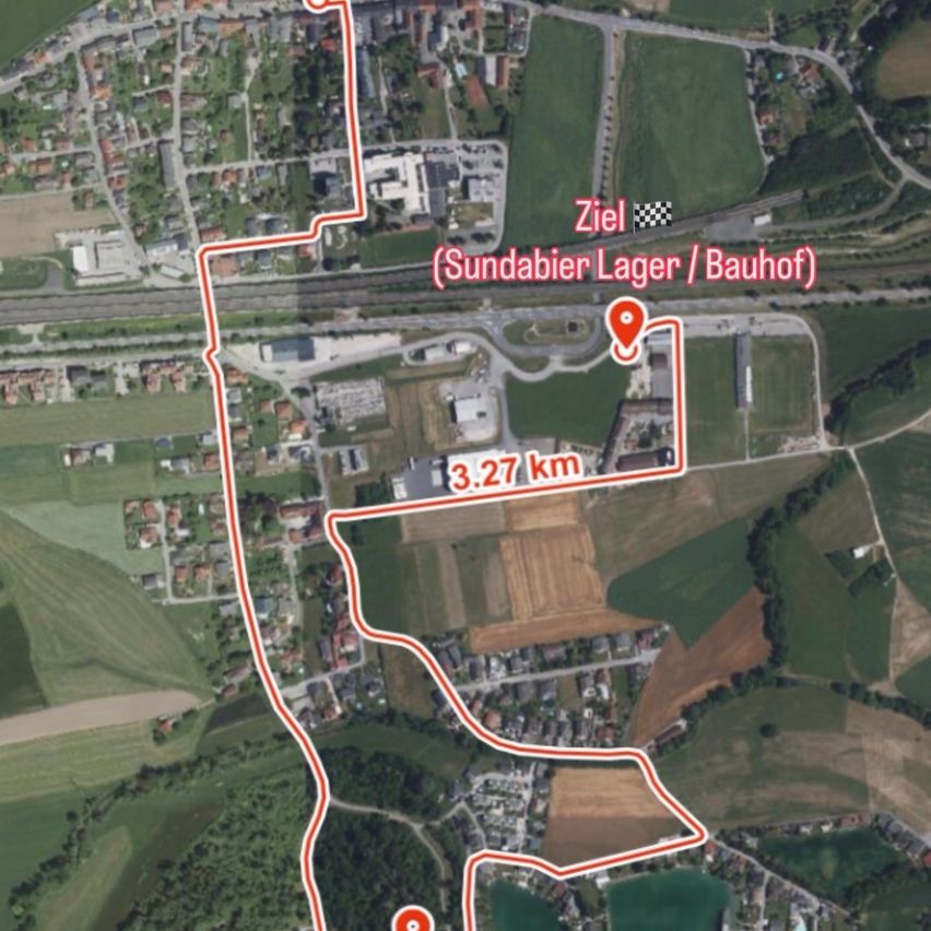Eine Karte mit einem in Rot markierten Weg, der einen Startpunkt, eine Entfernung von 3,27 km und ein Ziel als 'Ziel (Sundabier Lager/Bauhof)' zeigt.