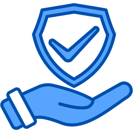 Ein blaues Handsymbol hält einen Schild mit einem Häkchen und suggeriert Sicherheit und Schutz.