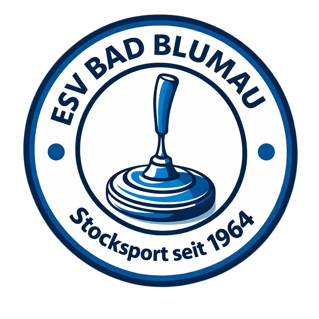 Das Logo des ESV Bad Blumau zeigt einen blauen Griff, einen kreisförmigen Gegenstand und Text auf schwarzem Hintergrund. Die Worte lauten 'ESV BAD BLUMAU' und 'Stocksport seit 1964'.