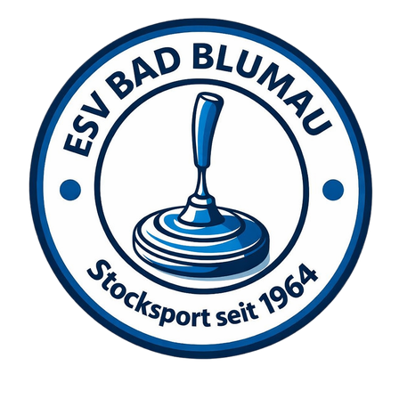 Das Logo des ESV Bad Blumau zeigt einen blauen Griff, einen kreisförmigen Gegenstand und Text auf schwarzem Hintergrund. Die Worte lauten 'ESV BAD BLUMAU' und 'Stocksport seit 1964'.