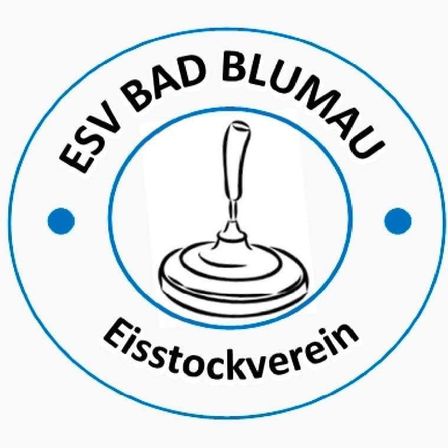 Das Bild zeigt ein Logo für 'ESV Bad Blumau Eisstockverein' mit einem stilisierten Eisschieber in der Mitte, umgeben von einem blauen Kreis.