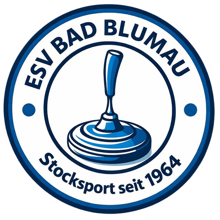 Ein rundes Logo für ESV Bad Blumau mit einem blauen Griff auf weißem Hintergrund, darunter die Worte 'Stocksport seit 1964'.