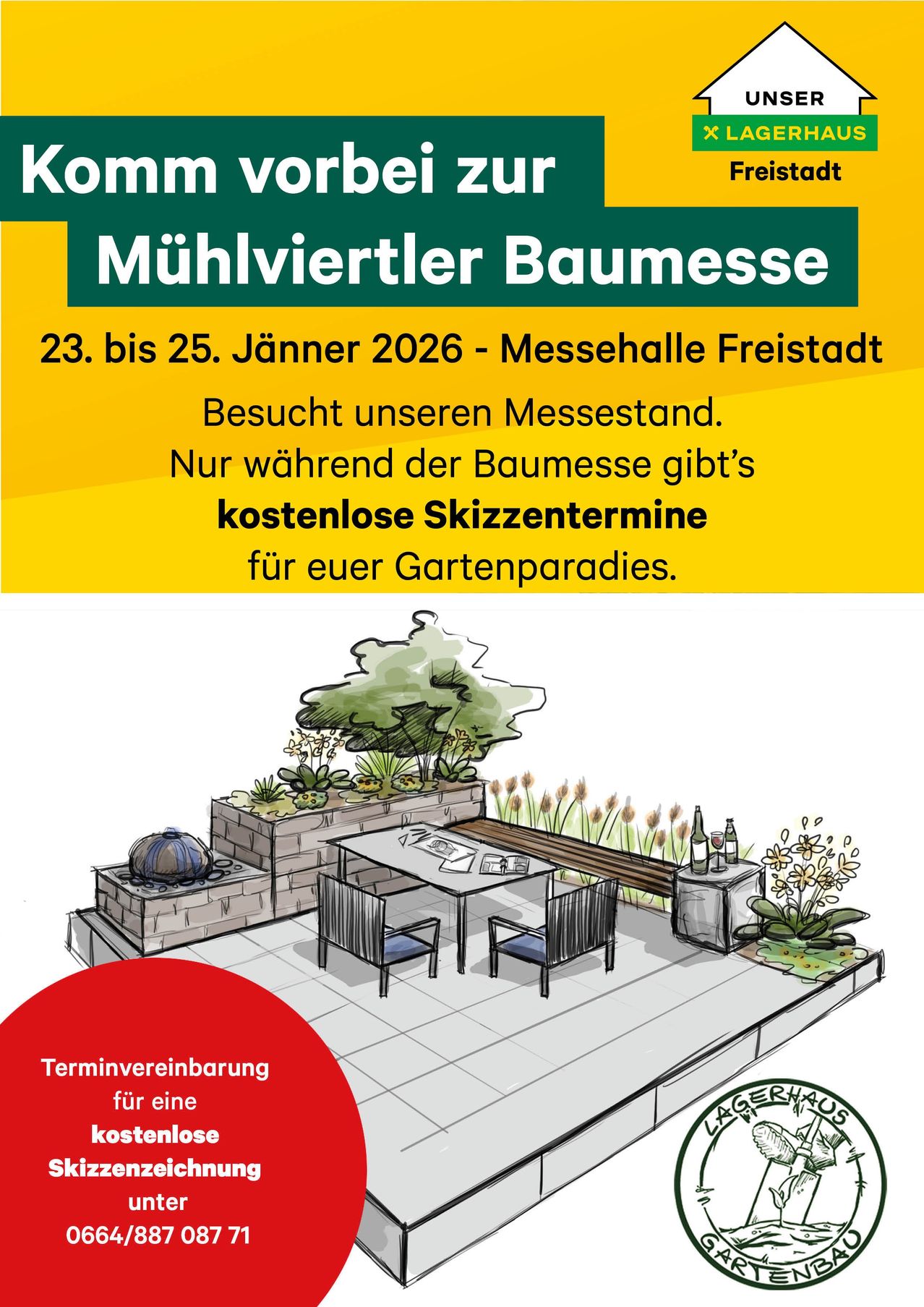 Eine Werbung für die Mühlviertel Baummesse vom 23. bis 25. Januar 2026 in der Messehalle Freistadt. Es zeigt eine Illustration eines Gartens mit Tisch, Stühlen, Pflanzen und einem Brunnen. Der Text bietet kostenlose Gartenplanung an.