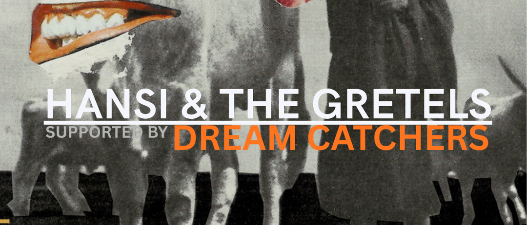 Ein schwarz-weißes Bild zeigt Silhouetten von Figuren mit dem Text 'ANSI & THE GRET'. Darunter steht 'ORTED BY DREAM CATCHER' in fetter orange Farbe. Das Bild hat einen Vintage-Filter.