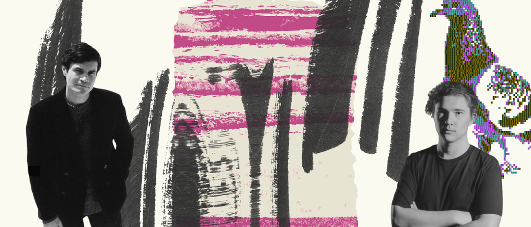 Eine abstrakte Darstellung mit einer Person im Vordergrund, die mit verschränkten Armen steht. Der Hintergrund besteht aus rosa und schwarzen Strichen und Linien.