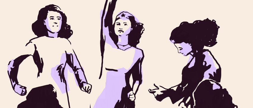 Eine Schwarz-Weiß-Illustration zeigt vier Frauen in Vintage-Kleidung, die zusammen tanzen. Das Wort 'Art' ist oben prominent angezeigt.