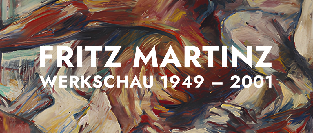 Ein abstraktes Gemälde mit Textüberlagerung, der 'ITZ MARTINZ SCHAU 1949' lautet. Kräftige Striche in Rot, Blau und Gelb beherrschen die Leinwand und erzeugen eine dynamische und lebendige Komposition.