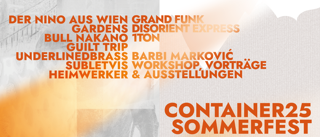 Ein Plakat, das verschiedene Veranstaltungen und Workshops in einer fremden Sprache ankündigt, mit Namen wie Grand Funk, Disorient Express und Barbi Markovic.