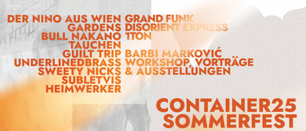A poster with various names and phrases in different fonts and colors, including 'Contain Sommer', 'Guilt Trip', and 'Barbi Markovic'. The background is a mix of white and orange with a blurred effect.