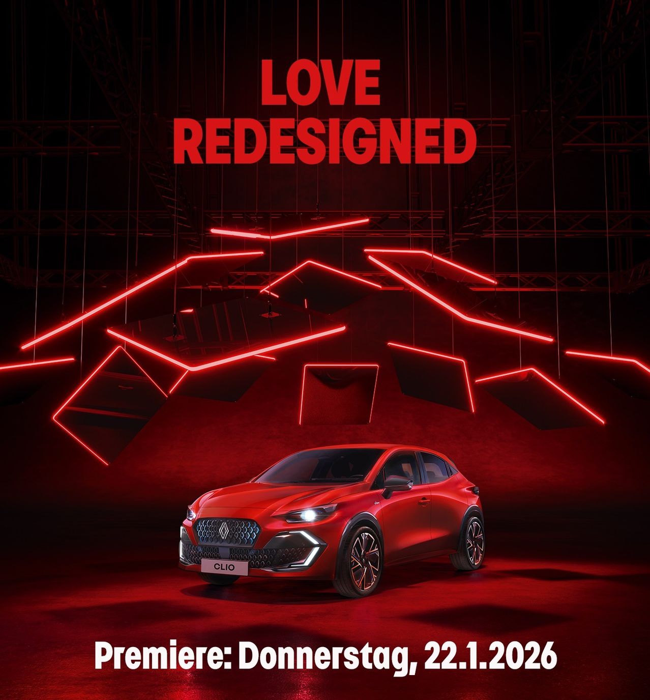 A red Renault Clio car is shown in a futuristic setting with a red background. The car has a black license plate with the word CLIO. The text 'LOVE REDESIGNED' is displayed above the car. The premiere date is 'Thursday, January 22, 2026.'