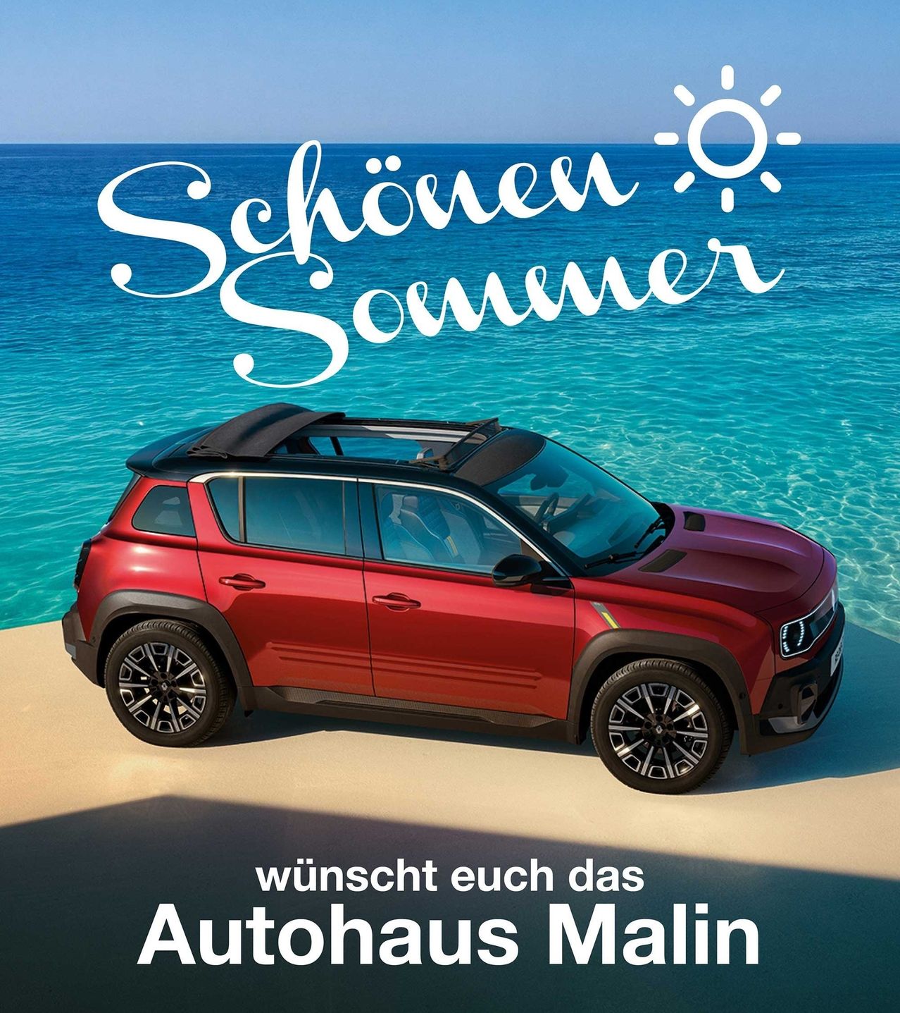 A red SUV parked on a beach with a blue ocean in the background. Above it, 'Schon Sommer' is written. The image is an advertisement for Autohaus Malin.