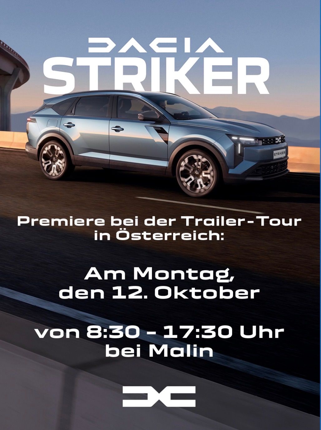 Eine Werbung für den Dacia Striker SUV, vor dem Hintergrund von Bergen und einer Brücke. Das Auto ist in Bewegung dargestellt, mit einem verwischten Hintergrund.