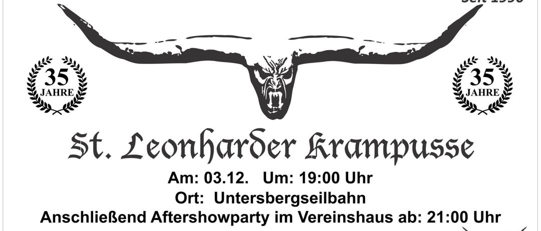 Ein Plakat für eine Musikveranstaltung namens Leonhardser Krampf. Die Veranstaltung findet am 3. Dezember um 19:00 Uhr in der Untersbergseilbahn statt. Eine Aftershowparty findet im Vereinshaus statt.