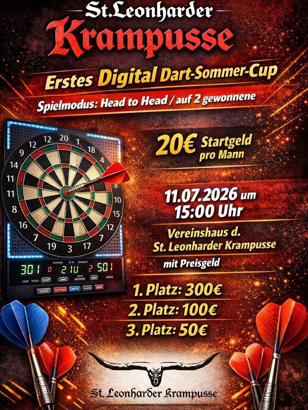 Erstes digitales Dart-Sommer-Cup-Event im Head-to-Head-Format. Teilnahmegebühr 20€. Preise für die Top 3. Datum: 11.07.2026 um 15:00. Ort: Vereinshaus d. St. Leonharder Krampusse.