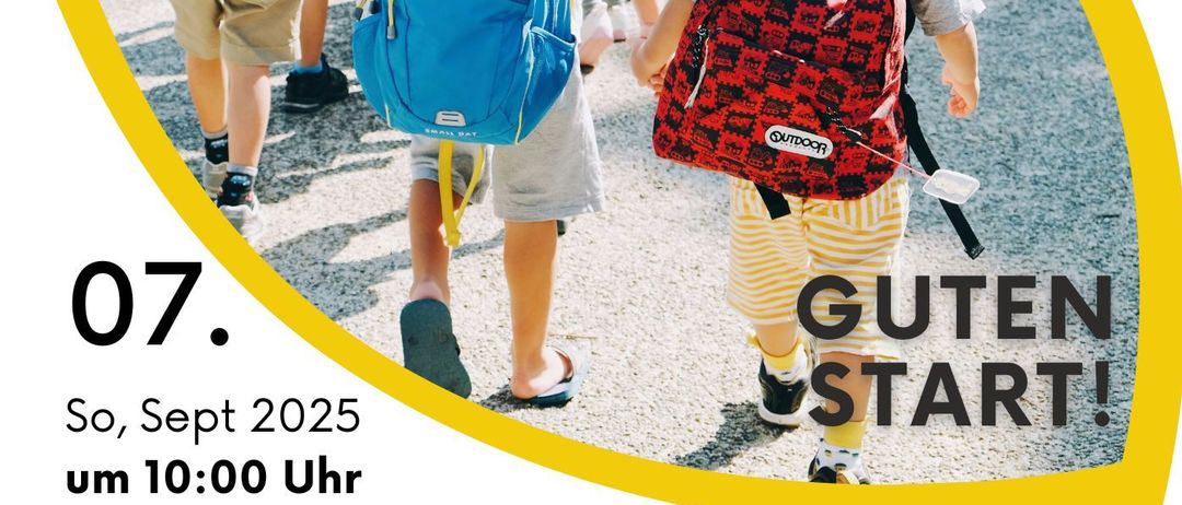 Das Bild zeigt ein Plakat für eine Kirchenveranstaltung am 7. September 2025, um 10:00 Uhr, in Eggersdorf, am Kirchplatz. Es zeigt Kinder mit Rucksäcken und betont das Thema Segen für Kindergarten und Schule.