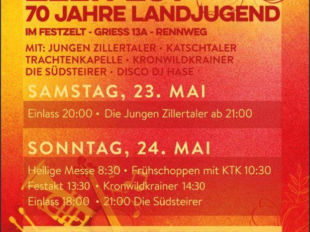 Pfingst Zeltfest mit Zillertaler Jugend und Kronwildkrainer. 23. Mai, Beginn 20:00. Gratis Heimbringer Shuttle, Kinderprogramm, Kinderschminken, Hüpfburg, Tombola.