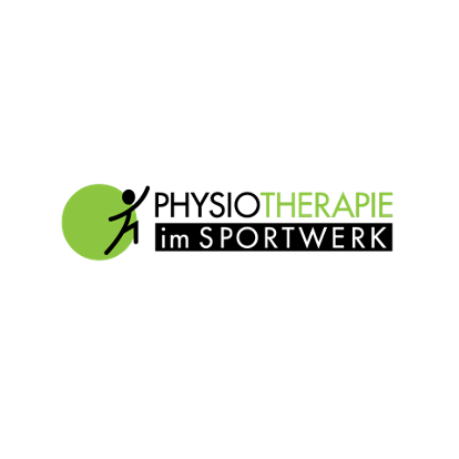 Das Logo für Physiotherapie im Sportwerk, mit einer Person in Bewegung in einem grünen Kreis, Text in fetter grüner Schrift.